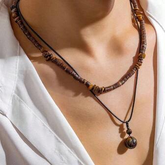 2pcs Natural Stone Pendant Necklace, Men's Vintage Wooden Bead & Wax Cord Necklace