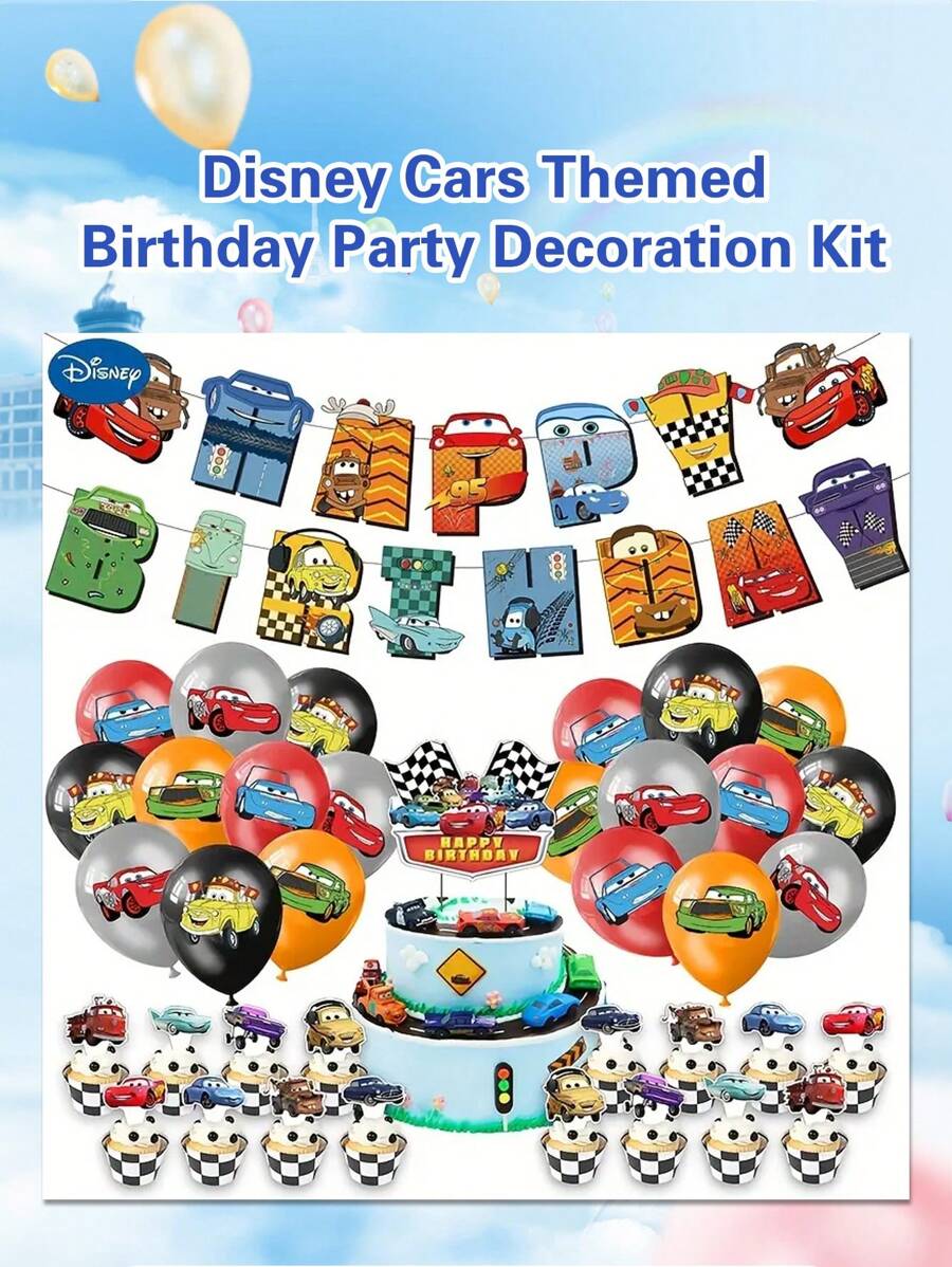 Cars Themed Birthday Party Decorations Kit, 38-Piece Set With Banner, Cake Topper, Cupcake Toppers, And Balloons, Plastic Material. - Multicolor - View 1
