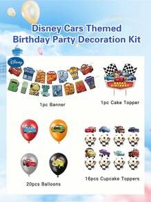 Cars Themed Birthday Party Decorations Kit, 38-Piece Set With Banner, Cake Topper, Cupcake Toppers, And Balloons, Plastic Material. - Multicolor - View 5