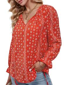 Áo sơ mi dài tay in hình đèn lồng cổ chữ V dành cho nữ - Đỏ - Xem 3