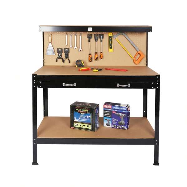 63'' Garage Workbench, 300 Lbs Load Capacity Heavy Duty Work Bench, Workbench With Pegboard Drawer Backplate Metal Frame Wood Top Workbench For Workshop Office Home Garage