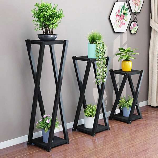2-Tier Metal Plant Stand X-Shape Outdoor Indoor Flower Pot Rack Display Shelf Planter Holder Rack