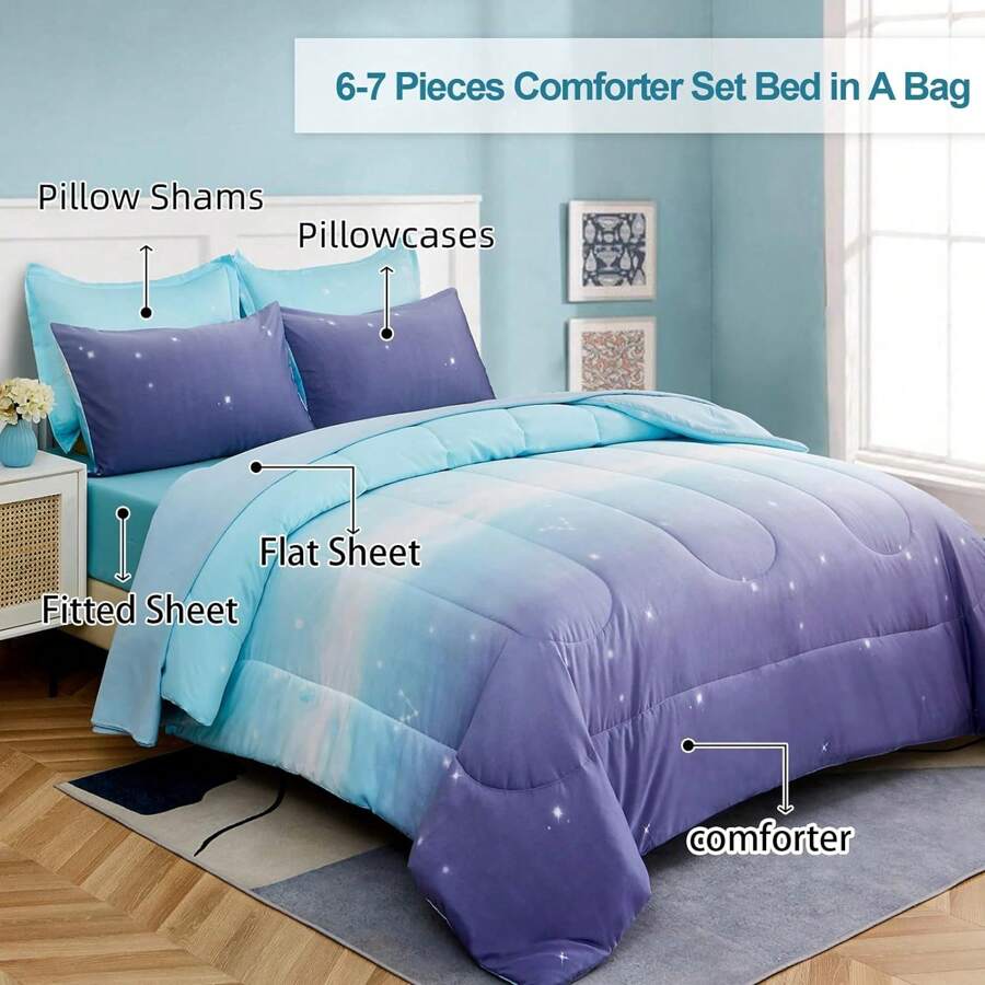 DJY 7 Pieces Comforter Sets Full Size Colorful Ombre Pink Rainbow Bedding Set Bed In A Bag  (1 Comforter, 1 Flat Sheet, 1 Fitted Sheet, 2 Pillow Shams, 2 Pillowcases),Christmas Day Gifts - 藍紫色 - 查看 1