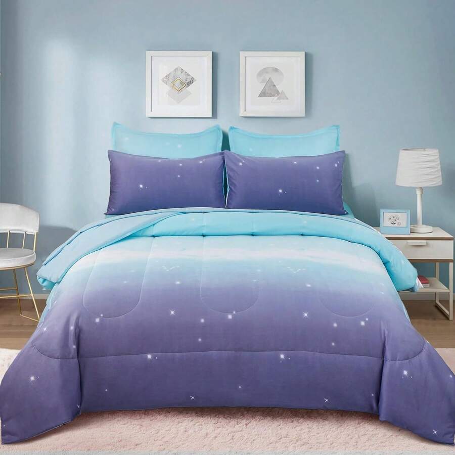 DJY 6/7 Pieces Comforter Sets Full Size Colorful Ombre Pink Rainbow Bedding Set Bed In A Bag (1 Comforter, 1 Flat Sheet, 1 Fitted Sheet, 2 Pillow Shams, 2 Pillowcases),Wedding Items,Valentines Day Home Bed Room Decor,Mothers Day Gift,All Season - Xanh tím - Xem 1