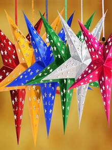 1 paquete de 3/5 piezas de torre de estrella pentagonal de papel láser tridimensional vacía de bola mixta de color al azar para la decoración de festividades de fiesta que cuelga del techo como sombra de lámpara de escena de estrella  [Sin luz electrónica] - Multicolor - Ver 2