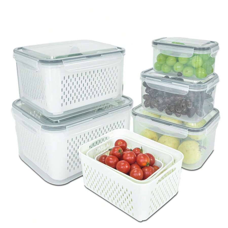 Large Fruit Storage Containers For Fridge With Vent Holes And Handle, Airtight Food Storage Containers Keep Fruits, Vegetables, Berry, Meat Fresh Longer, Fridge Storage Container Home Decor, Party Storage, Christmas Storage, New Year Storage - White - View 1