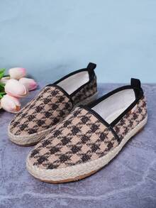 2024新款夏季女款透氣圓頭平底草繩鞋，滑動式行駛便鞋，日常休閒布鞋，時尚百搭