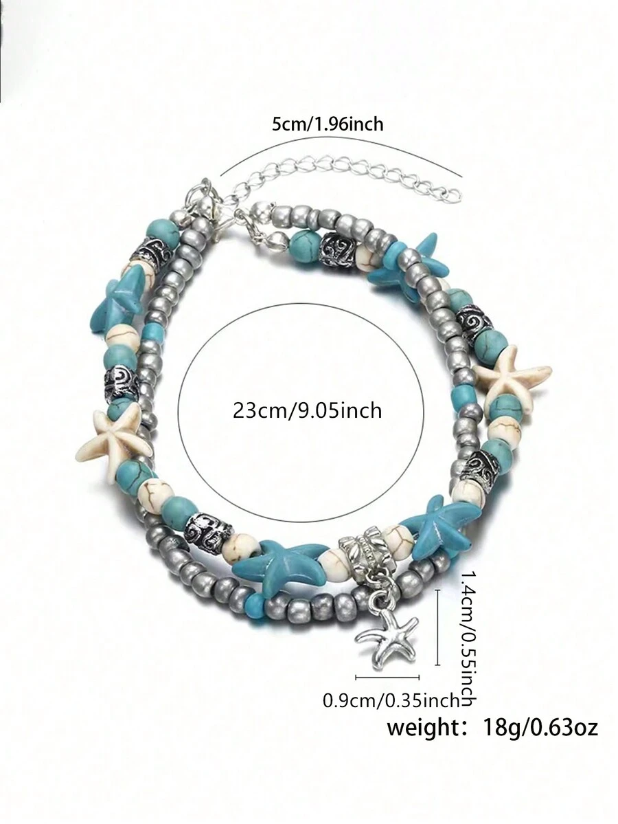 1pc Vintage Exaggerated European And American Style Turtle & Starfish Shaped Anklet For Beach, Turquoise Decor - Multicolor - View 1