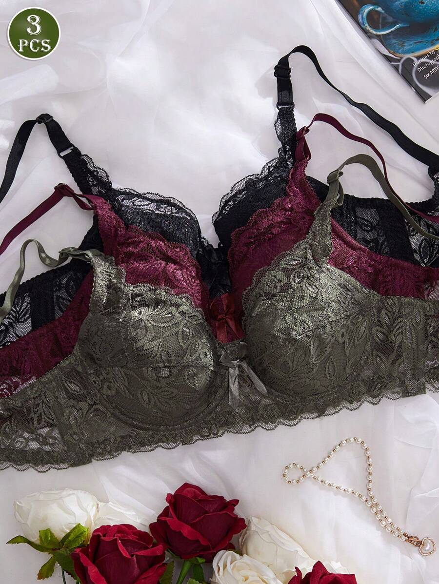 3 件女士舒适性感蕾丝钢圈软杯纯色内衣文胸、内衣