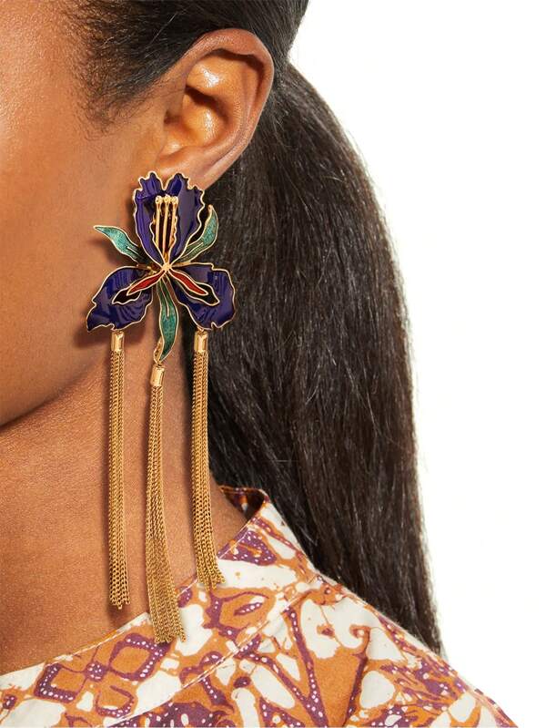 1 paire de boucles d'oreilles exagérées et élégantes à la mode avec un design d'iris bohème vintage plaqué or et un pendant de franges de chaîne en émail bleu froid coloré, convient pour les fêtes, l'Aïd, les festivals quotidiens des femmes et comme cadeau de bijoux