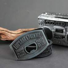 帶各種黑/棕色方格牛仔布腰帶的橢圓盤瓶開器，西部風格的鋅合金扣子街頭潮流復古腰帶適用於男性