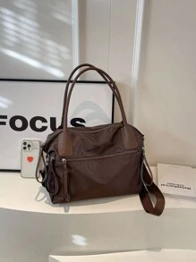 2024 新款复古尼龙女士手提包，大容量单肩包，可拆卸肩带，百搭手提包，复古风格女士复古包 - 咖啡棕 - 查看 4