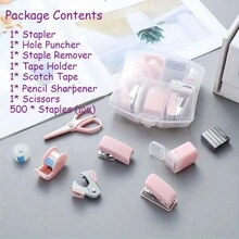 8pcs/Box Portable Office School Mini Stationery, Including Hole Punch, Staple Lifter, Stapler Tape Holder, Small Tape, Pencil Holder, Scissors, 500 Staples (10#),Product Size Is Mini And Cute, Wedding Gifts,Back To School,School Supplies - Sets - View 12