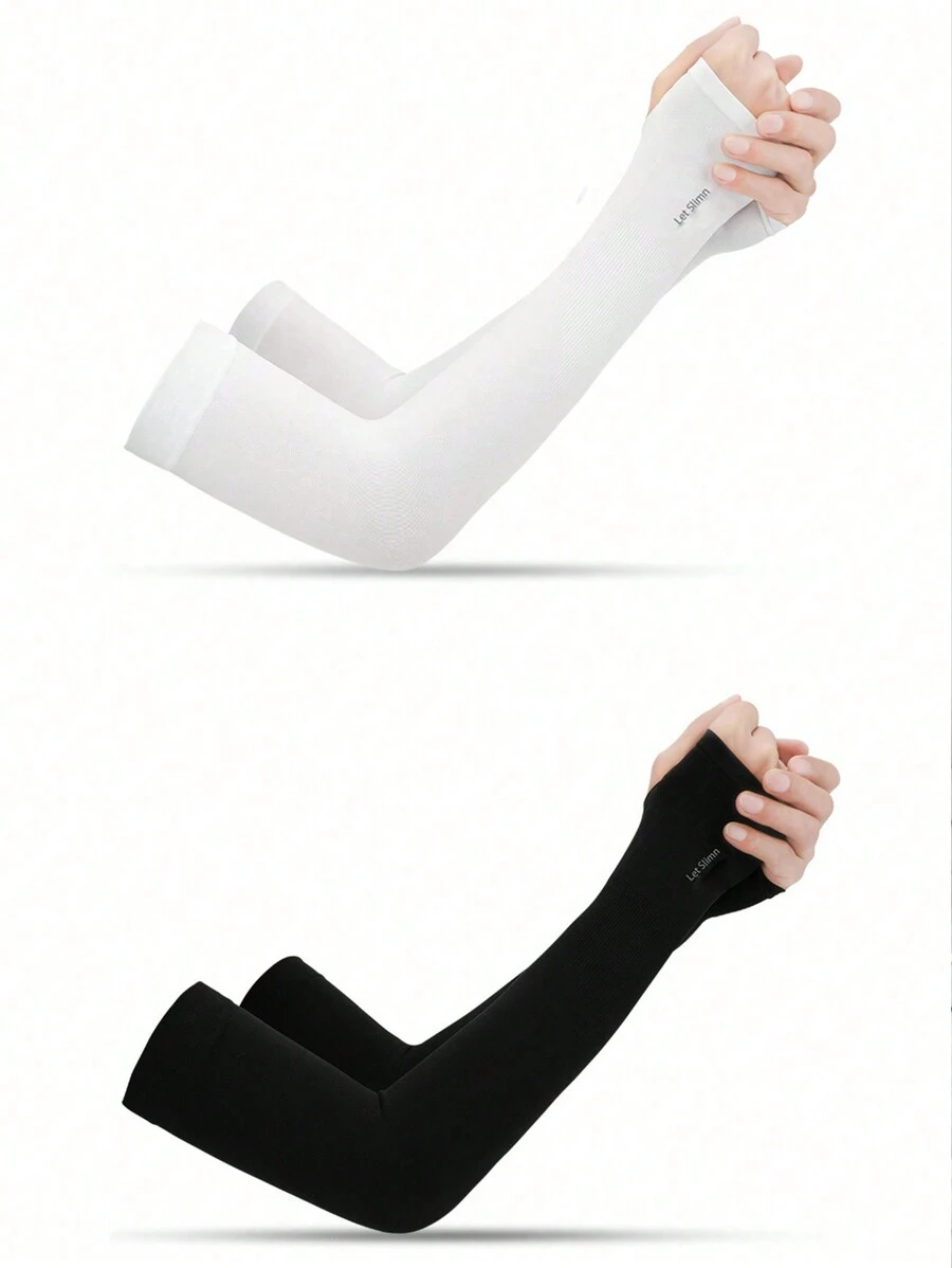 2pairs Solid Color Icy Silk Arm Sleeves, Summer Cooling Sun Protection Cover For Outdoor Activities Such As Running And Fishing Halloween - Black and White - View 1