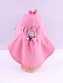 1 pieza Sombrero de cubo con protección solar y diseño de conejo rosa de dibujos animados, con correa ajustable y silbato para niñas pequeñas, para primavera/verano, chal grande - Rosa - Ver 4