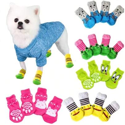 4Pcs/8Pcs/Set Meias fofas para cães de estimação com estampa antiderrapante para gatos e filhotes, produtos protetores de patas para raças pequenas, Spitz York, cães Chihuahua, proteção interna antiqueda
