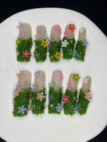 10 件长款手工按压指甲，适合派对和日常佩戴，适合女孩的花朵，易于佩戴 10 件 Y2K 超长手工按压指甲，闪亮的人造宝石，春夏风格，适合女孩和女性节日派对和日常佩戴（注意：指甲配件颜色随机） - 綠色 - 查看 4