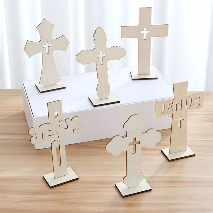 1pc Wooden Cross Craft Decoration DIY Ornament For Baptism, Table And Home Decor - Wood Color - View 1