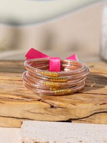 5pcs Cute And Sweet Colorful Glitter Jelly Bangle With Bow Tie, Bracelets Stack Perfect For Party And Daily Use