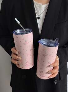 1 件蝴蝶玫瑰碎花保温杯、冷热保温瓶、真空保温瓶、露营咖啡杯、水杯、平底吸管杯、旅行户外用杯、生日、万圣节和圣诞节礼物（不含吸管）