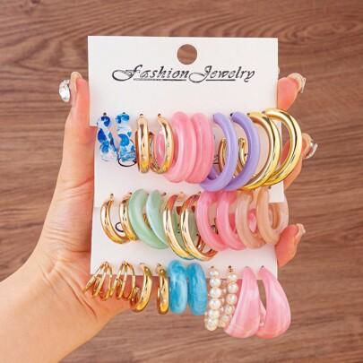 5-16 Pairs Exaggerated Gold-Plated C-Shape Inlaid Acrylic Resin & Beads Earrings Set