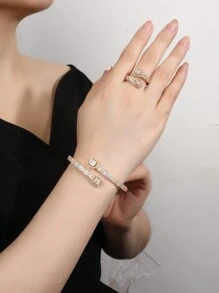 Bracelet Ring Set Jewelry, Fashionable Geometric Inlaid Design Shiny Zirconia Open Bangle Ring Set For Women's Daily Wear And Holidays Gifts - 金黃色 - 查看 3