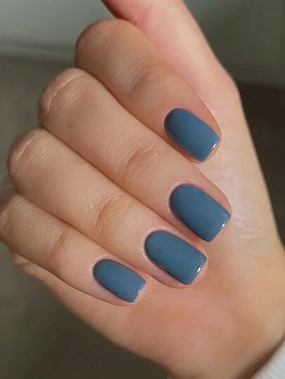 24 件时尚长方形灰蓝色假指甲纯色设计美甲套装，适用于女士和女孩的按压式指甲美甲用品