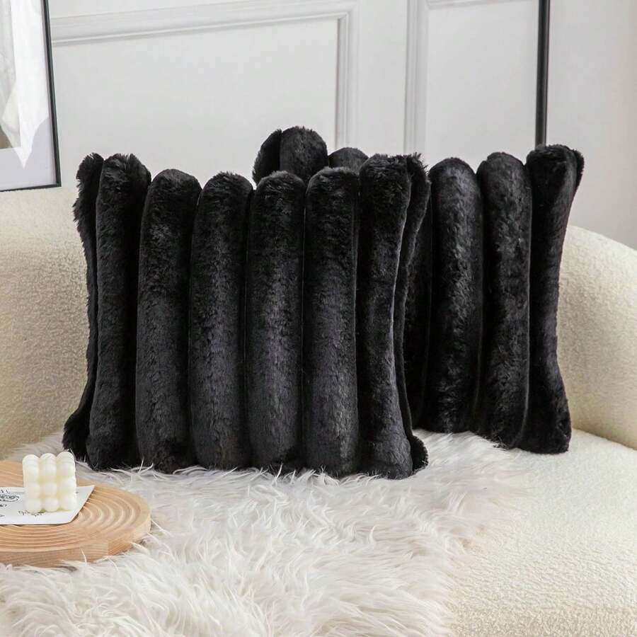 1pc Solid Color Cushion Cover (Pillow Insert Not Included), Soft Faux Fur Large Striped Decorative Pillow Sham, Suitable For Living Room Sofa