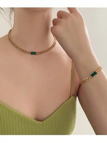 1套不銹鋼歐美時尚雙層簡約綠色正方形手鐲，項鍊和耳環套裝，適用於女性時尚、性感和優雅風格 - 雙層綠鑽 項鍊套裝 - 查看 5