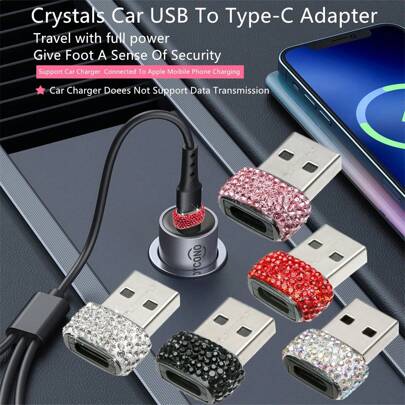 A1pcs 闪亮奢华水晶汽车 USB 转 Type-C 适配器，可充电和传输数据，适用于车载充电器、移动电源和电脑充电和传输数据，Type-C 音频插孔转换器，迷你设计，便于携带，金属材质，耐用时尚