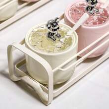 陶瓷調味罐套裝（米色調），適用於廚房和餐桌，帶有儲物架的調味罐（味素、辣椒和鹽），可用於家庭廚房、烹飪、調味、香料、蒜頭、鹽、組織、聚會、房間裝飾。