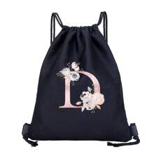 抽绳背包男女通用运动背包女士抽绳鞋袋储物袋姓名首字母图案健身包男士抽绳包布袋防尘收纳袋户外行李袋运动包包束口袋学生运动背包，轻便小背包，迷你背包，适合返校和旅行，返校，经典休闲，适合青少年女孩女士大学生户外、旅行、郊游 - 黑色 - 查看 9