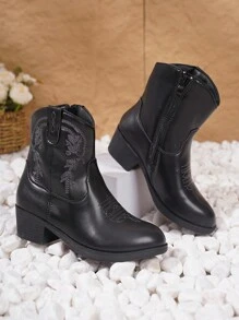 Giày bốt cao gót nữ có dây kéo bên hông, bốt thêu kiểu nữ cao bồi phương Tây, bốt ngoài trời mũi nhọn đến giữa bắp chân, cho mùa xuân và mùa thu - màu đen - Xem 5