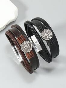 1pc Simple Punk Rock Style Tree Of Life Leather Bracelet For Men - Bracelet - View 1
