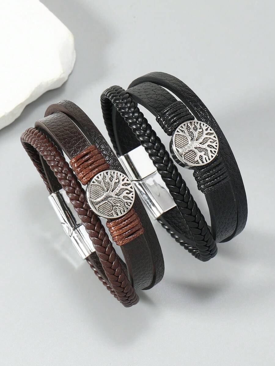 1pc Simple Punk Rock Style Tree Of Life Leather Bracelet For Men - Bracelet - View 1