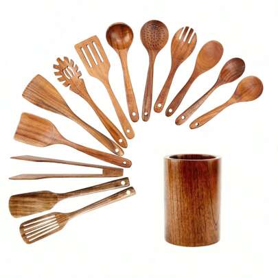 AIUHI 1pc/14pcs Wooden Cooking Utensils For Kitchen, Wooden Spoon, Wooden Spatula, Wooden Kitchen Utensils Set, Natural Nonstick Non Scratch Natural Wooden Spoons For Cooking