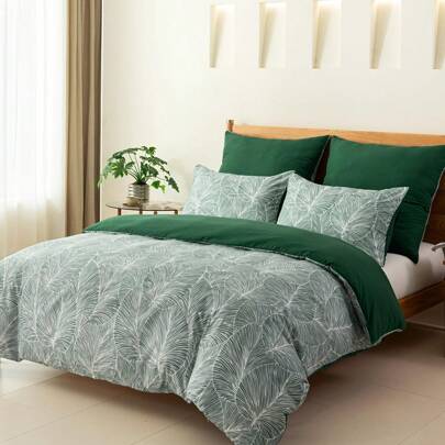 Emerald Green Super King Duvet Cover Bedding Sets Tropical Leaves Pattern, Soft Microfiber Summer Super King Duvet Sets 260x220 Cm With 2 Pillowcases