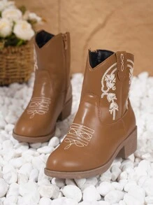 Bottes de cow-boy occidentales brodées à talons hauts et fermeture éclair latérale pour filles, mi-mollet, bout pointu, bottes d'extérieur, convient pour le printemps et l'automne