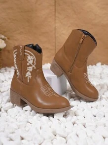 Bottes de cow-boy occidentales brodées à talons hauts et fermeture éclair latérale pour filles, mi-mollet, bout pointu, bottes d'extérieur, convient pour le printemps et l'automne