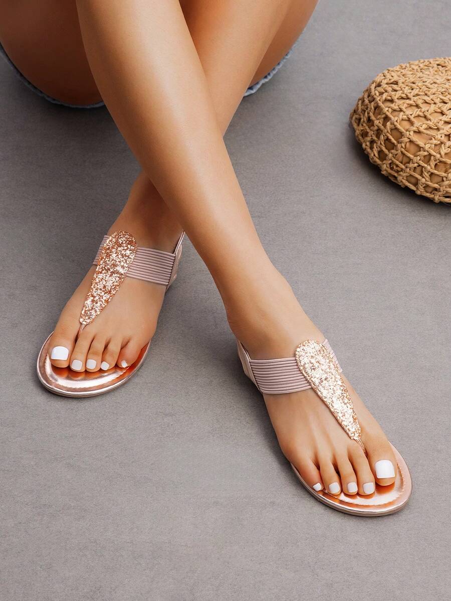 Women's Elastic Strappy String Thong Ankle Strap Summer Gladiator Sandals - Rượu sâm banh - Xem 1