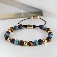 8mm Colorful Natural Stone Beaded Bracelet For Men Stress Relief Tiger Eye Bangle Adjustable