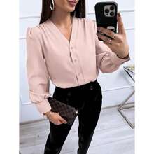 BZB Women's Business Casual Tops Summer Long Sleeve Silk Button Down Shirts V Neck Chiffon Blouses - 粉色 - 查看 3