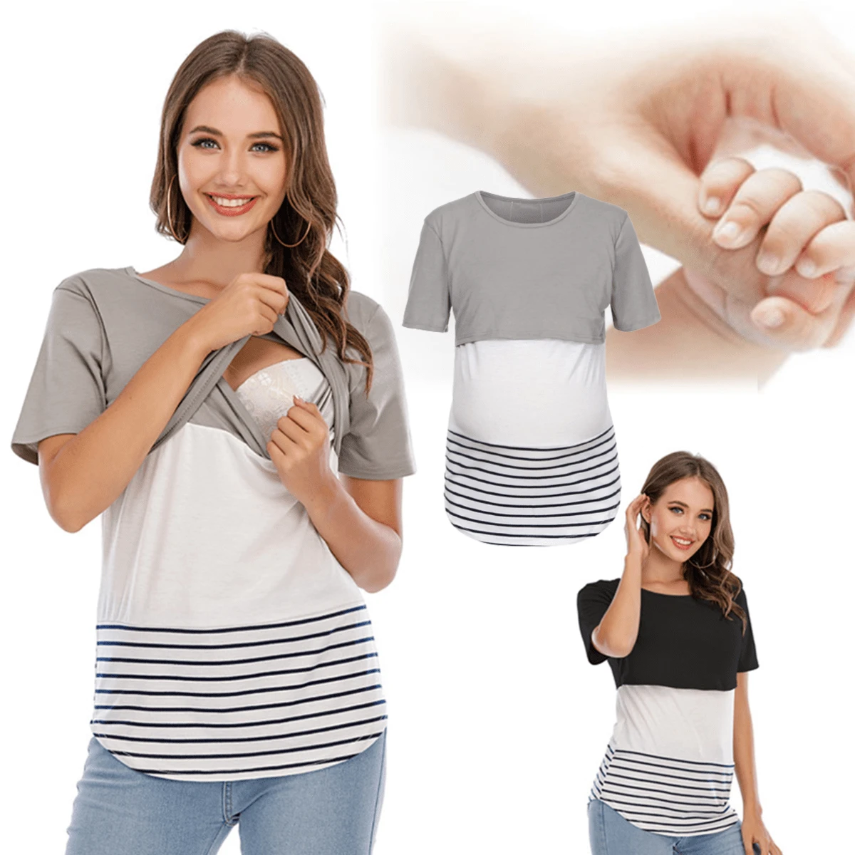 Blusa De Lactancia Y Embarazo Manga Corto De Algodón Cómodo - Gris - Ver 1