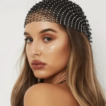 Elegant Black Rhinestone Hair Wrap | Breathable Comfort Elastic | Fashionable Head Scarf For Parties And Music Festivals - Black - View 5