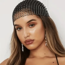 Elegant Black Rhinestone Hair Wrap | Breathable Comfort Elastic | Fashionable Head Scarf For Parties And Music Festivals - Black - View 4