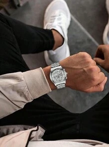 VA VA VOOM 1 Peça Relógio Masculino Moda Aço Inoxidável Mostrador Oco Estilo Casual Esportivo Luz Noturna Relógio Masculino Dourado & Preto & Prata Movimento de Quartzo Original Diamante de Luxo Relógios de Pulso