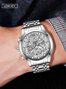 VA VA VOOM 1 Peça Relógio Masculino Moda Aço Inoxidável Mostrador Oco Estilo Casual Esportivo Luz Noturna Relógio Masculino Dourado & Preto & Prata Movimento de Quartzo Original Diamante de Luxo Relógios de Pulso