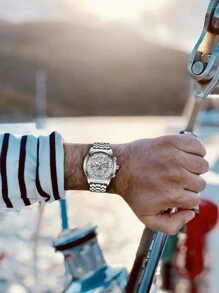 VA VA VOOM 1 Peça Relógio Masculino Moda Aço Inoxidável Mostrador Oco Estilo Casual Esportivo Luz Noturna Relógio Masculino Dourado & Preto & Prata Movimento de Quartzo Original Diamante de Luxo Relógios de Pulso