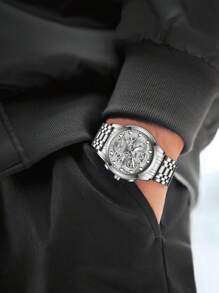 VA VA VOOM 1 Peça Relógio Masculino Moda Aço Inoxidável Mostrador Oco Estilo Casual Esportivo Luz Noturna Relógio Masculino Dourado & Preto & Prata Movimento de Quartzo Original Diamante de Luxo Relógios de Pulso
