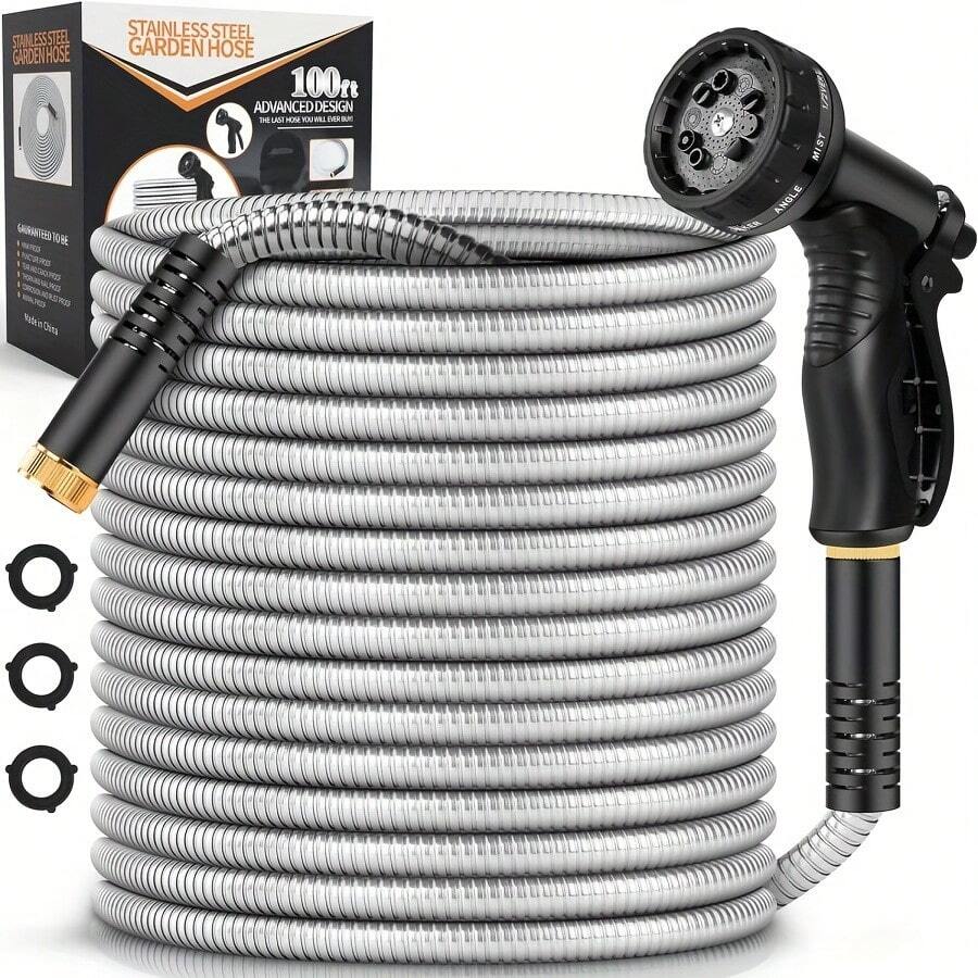 KAUES 1-Set 3/4 In American Standard Metal Garden Hose, Stainless Steel Heavy Duty Water Hose With 10 Function Nozzle, No-Kink, Tough & Flexible, Sturdy And Lightweight, Rust Proof For Yard, Outdoor, RV, 4-Size Available (25FT/50FT/75FT/100FT) - Silver - View 1